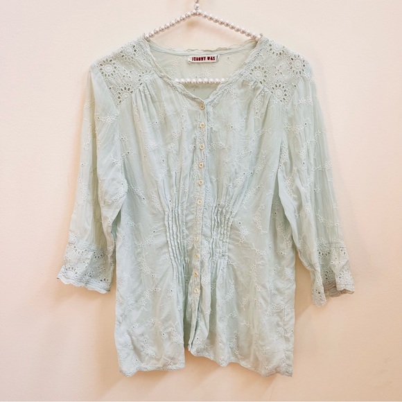 Johnny Was Pale Mint Green Eyelet 3/4 Sleeve Bohemian Blouse - Picture 1 of 4